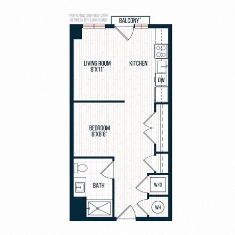 Floor plan for studio, 1 bath, 491 sqft